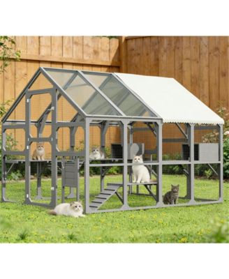 Large Outdoor Cat Enclosure Wooden Shelter 7 Platforms 2 Resting Boxes 2 Bridges Waterproof UV Proof Canopy