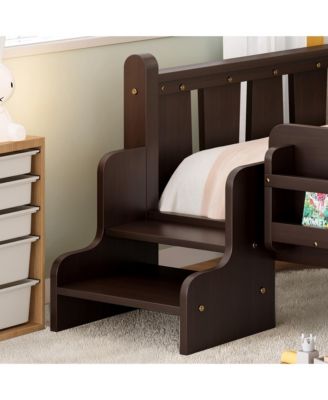 Twin Size Floor Bed with Stairs and Bookcase, Solid Wood Low Profile Bed Frame with Guardrails, Kids Bed for Boys Girls, 350 LBS Capacity
