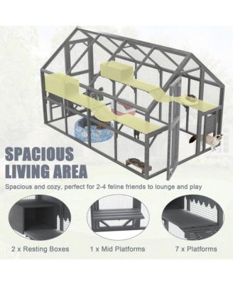 Large Outdoor Cat Enclosure Wooden Shelter 7 Platforms 2 Resting Boxes Bridges Waterproof UV Proof Canopy