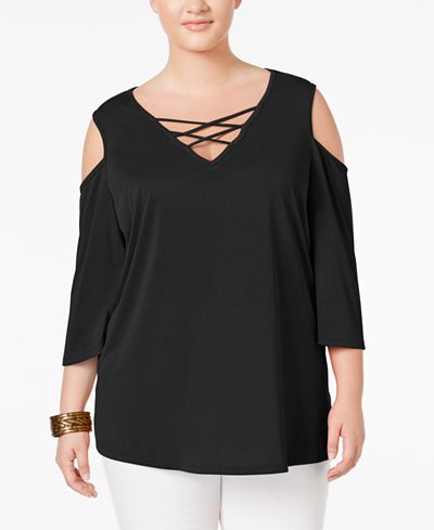 ING Trendy Plus Size Lace-Up Cold-Shoulder Top