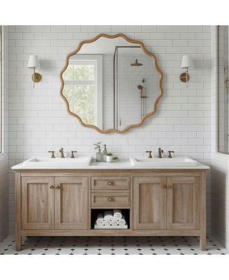 30 Inch Wood Color Wavy Round Decorative Mirror, Solid Wood Frame for Bathroom Wall