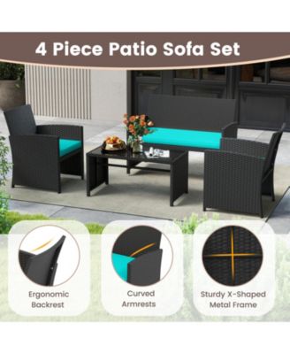 4 Piece Patio Furniture Set with Glass Table and Cushions