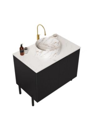 30 Inch Freestanding Bathroom Vanity with White Ceramic Sink Stone Pattern Carrara Top 2 Door Storage Cabinet No Faucet
