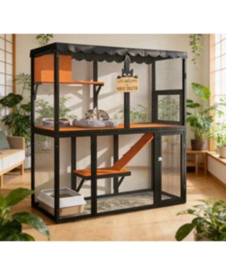 4 Tier Wooden Catio Outdoor Indoor Cat Enclosure Multi Cats WP Cover Ramp
