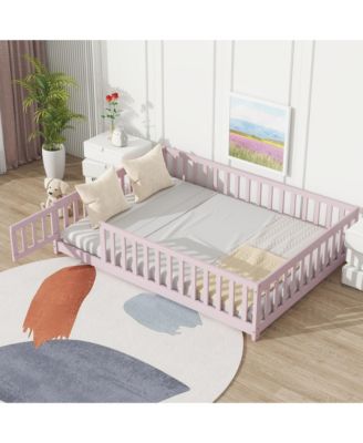 Full Size Rubber Wood Floor Bed with Fence Door and Safety Guardrails