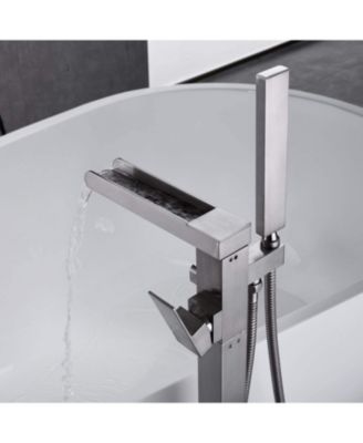 Bathroom Freestanding Waterfall Tub filler Brushed Nickel Floor Mount Faucet with Hand Shower