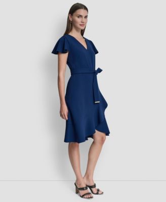 Women's Flutter Short-Sleeve V-Neck Faux-Wrap Dress