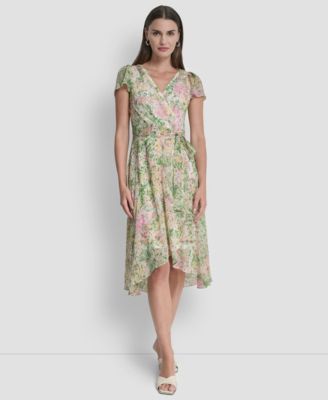 Women's Flutter Short-Sleeve High-Low V-Neck Midi Dress
