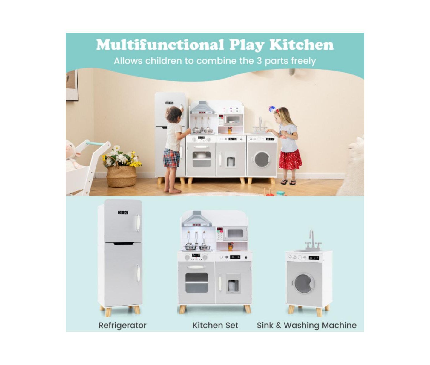 Детский игровой набор HONGGE 3-in-1 Wooden Interactive Kitchen Playset, Ages 3+ — фото 7