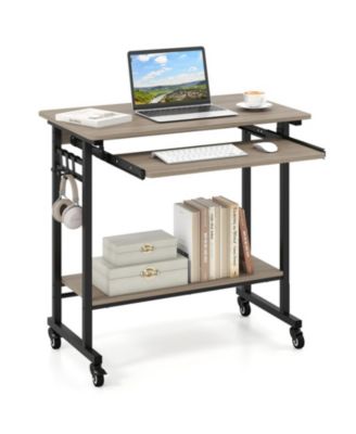Rolling Computer Table with Pull-out Keyboard Tray and Storage Hooks