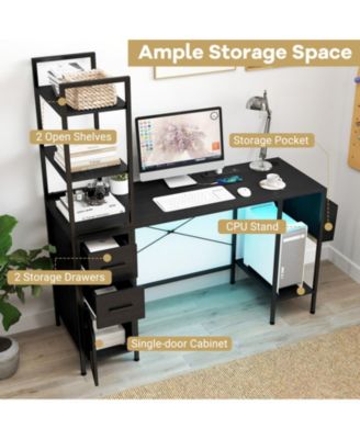 57 in Computer Desk with RGB LED Lights, Power Outlets and Multi-Storage