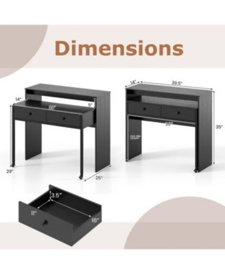 Extendable Convertible Computer Desk with 2 Drawers and Rolling Cart
