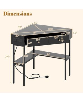 Triangle Corner Desk with Charging Station, 2 Drawers and Storage Shelf
