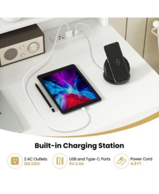 White Home Office Desk with Charging Station, Keyboard Tray and Adjustable Shelf