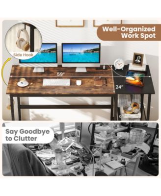 59 in Industrial Computer Desk with Built-in Charging Station and Storage Shelves