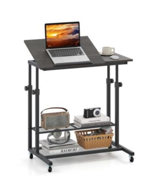 Mobile Height Adjustable Standing Table with Tilting Tabletop and Shelves