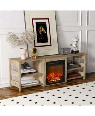 Fireplace TV Stand for up to 75" TV with Storage Shelves, French Oak