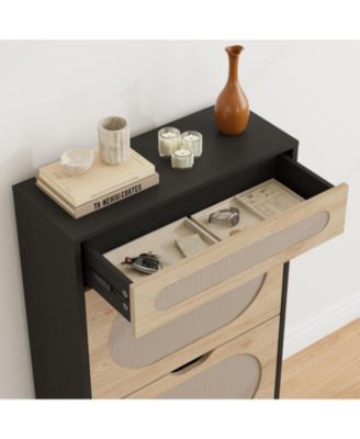 Rattan Shoe Cabinet with 2 Flip Drawers & 1 Pull-Out Drawer – Free-Standing Shoe Storage Cabinet with 3-Position Adjustable Shelf