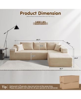 104" No Assembly Required Cloud Sectional Sofa, L-Shape Couch Chaise Lounge with Deep Seat and Wide Armrest for Living Room Bedroom