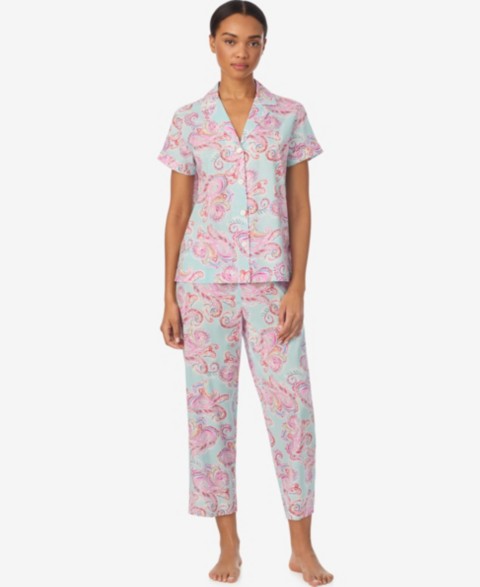Женские Lauren Ralph Lauren Women's Short-Sleeve Notch Collar Cropped Pant Pajama Set