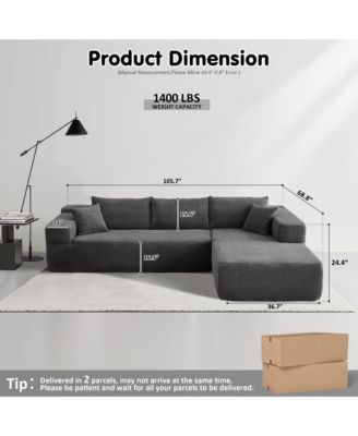104" No Assembly Required Cloud Sectional Sofa, L-Shape Couch Chaise Lounge with Deep Seat and Wide Armrest for Living Room Bedroom