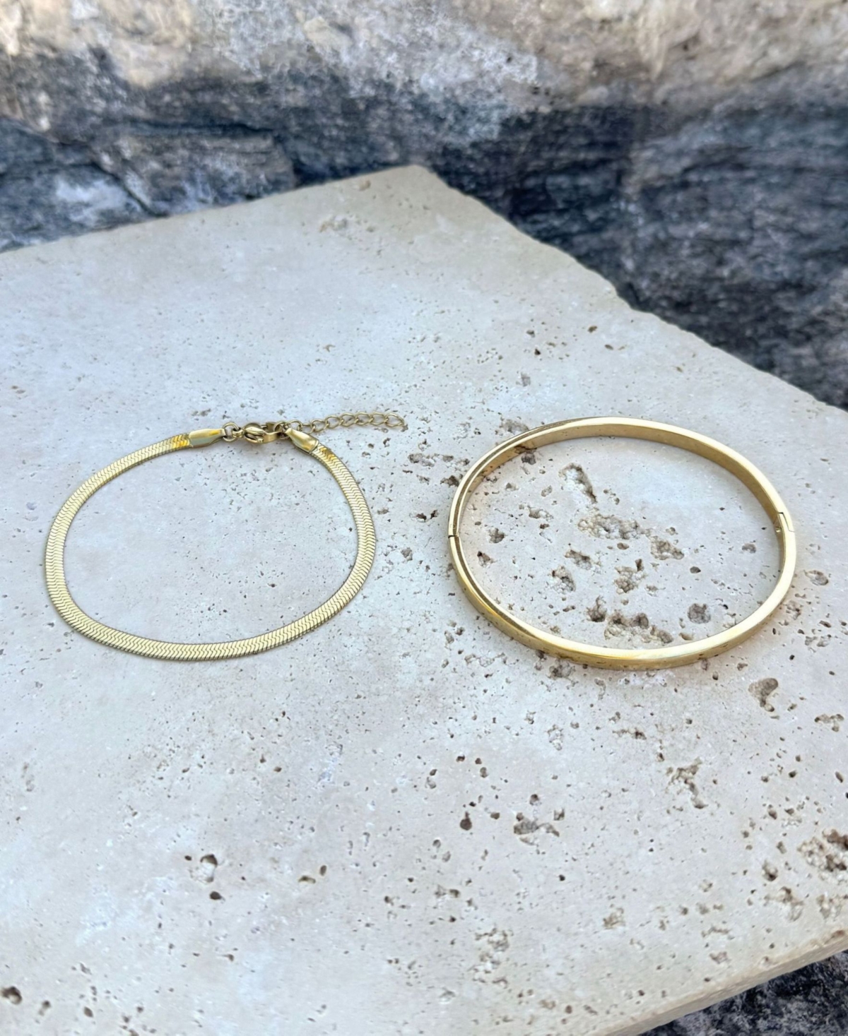 Adornia Tarnish Resistant Gold Herringbone and Cuff Bracelet Set