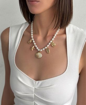 Gold Chunky Pearl and Sea Charms Necklace