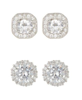 Silver 2-Piece Halo Stud Earrings Set