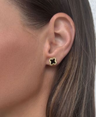 Gold 2-Piece Black Inlay Clover Pendant Necklace and Earrings Set