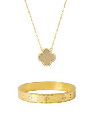 Gold 2-Piece Halo Clover Necklace and Bracelet Set