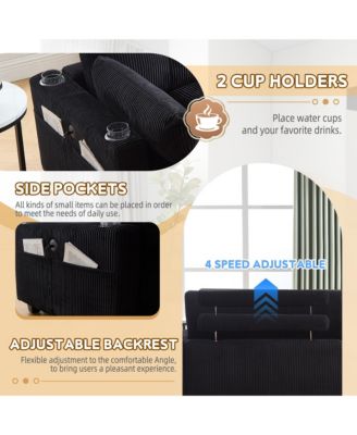 Deep Seat Corduroy Sleeper Chaise Lounge, Sofa Bed with USB Charging, Cup Holders, Side Storage Pockets and Pillow for Living Room