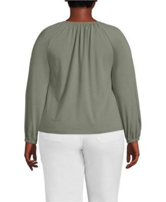 Plus Size Lightweight Jersey 3/4 Sleeve Notch Neck Gather Blouse