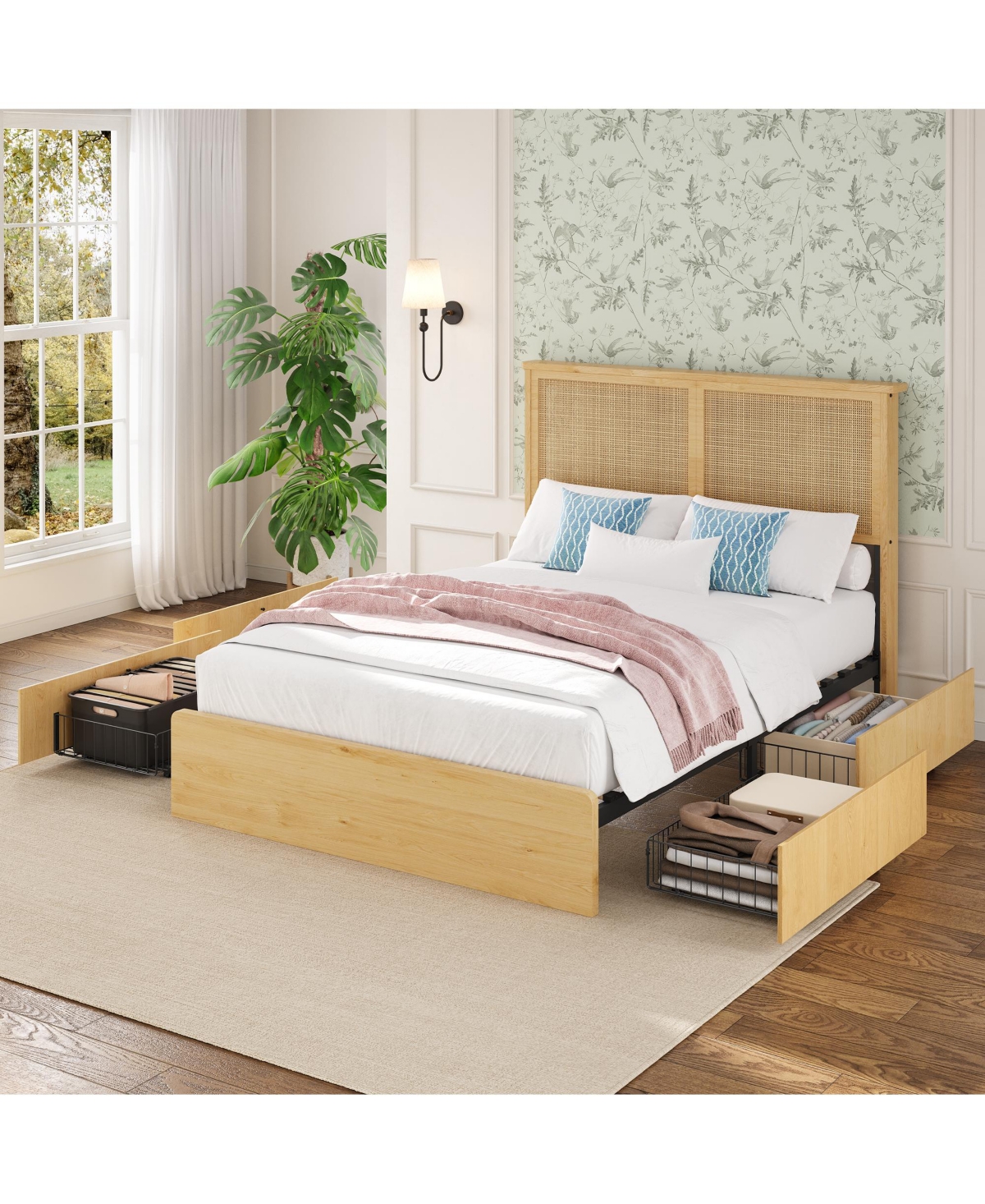 gaomon Bohemian Platform Bed Frame with Rattan Storage Headboard, Adjustable Led Lights, Wooden Support Legs, No Box Spring Needed