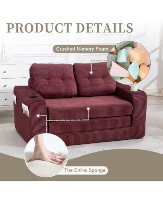 Multi-use Convertible Sofa Bed, Boneless Corduroy Loveseat Floor Couch with Cup Holders and Pillows, Modern Sofa Bed for Living Room