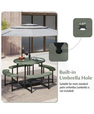 Round Picnic Table Bench Set with Four Benches and Umbrella Hole