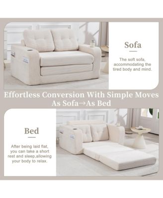 Convertible Sofa Bed - Boneless Loveseat Sofa, Fold Out Floor Couch with Cup Holder and Pillows, Corduroy Fabric for Living Room