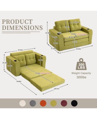 Fold Out Convertible Sofa Bed, Comfortable Corduroy Loveseat Floor Sofa with Cup Holders and Pillows for Living Room and Small Spaces