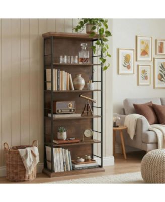 72'' Wooden Bookcase, 5-Tier Farmhouse Bookshelf, Free-Standing Display Storage Shelves