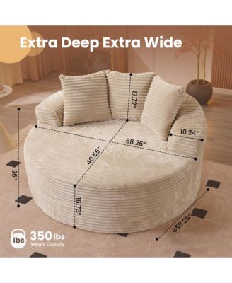58" Oversized Round Lounge Chaise, No Assembly Required, Cloud Large Indoor Circle Chair, Fluffy Modern Sleeper Sofa Bed for Living Room