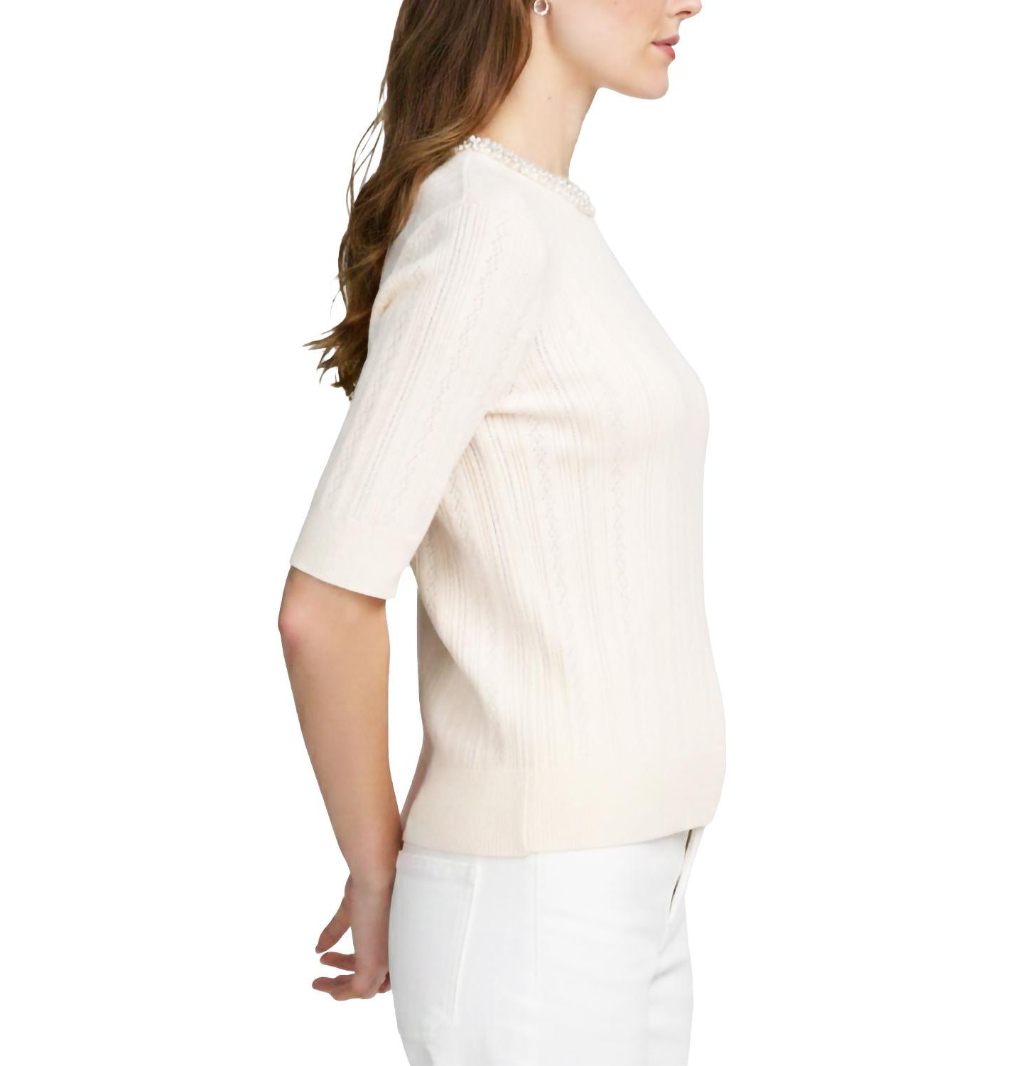 Женский топ ELLE Collection Fine Gauge Embellished Neck, цвет: Слоновая кость — фото 2