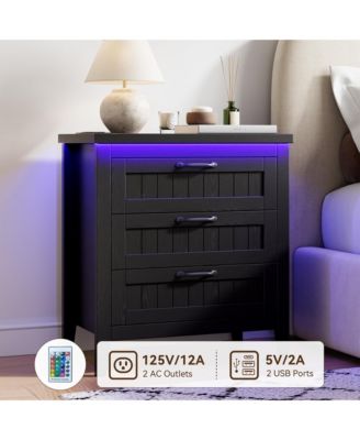 Farmhouse Drawer Dresser with Charging Station and LED Lights, Slim Wooden Bedroom Dresser