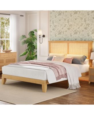 Bed Frame with Rattan Headboard, Platform Bed Frame with LED Lights, Under Bed Storage