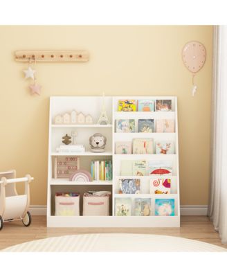 Kids Bookshelf and Toy Storage Organizer - 4 Tier Wooden Bookcase Display Stand for Nursery, Playroom and Classroom