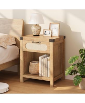 Rattan Nightstand Boho Night Stand with Drawer and Storage Shelf Farmhouse End Table for Living Room Bedroom Natural