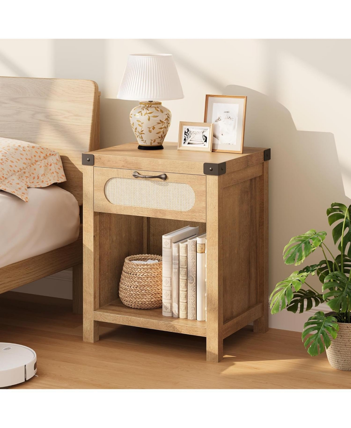 gaomon Rattan Nightstand Boho Night Stand with Drawer and Storage Shelf Farmhouse End Table for Living Room Bedroom Natural
