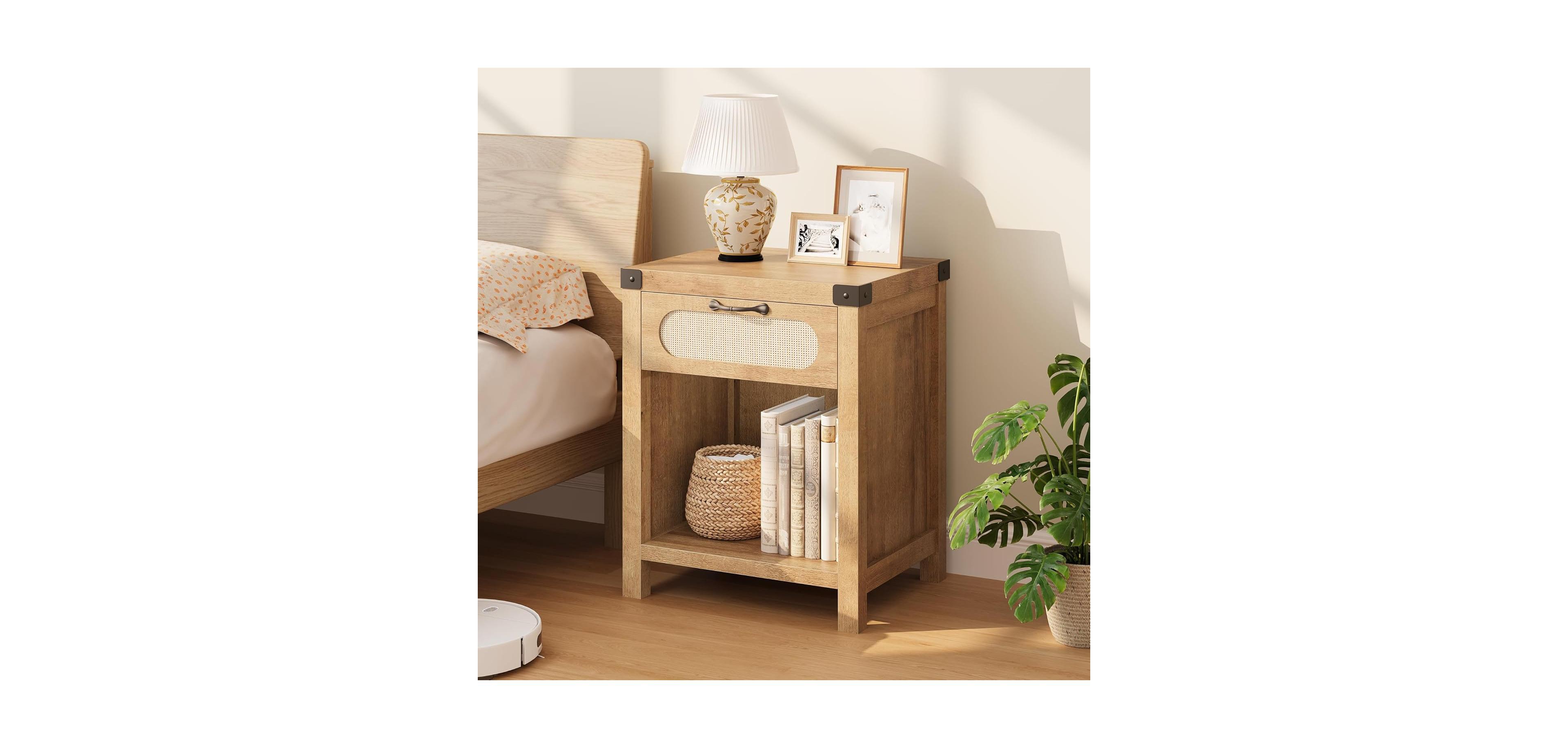 gaomon Rattan Nightstand Boho Night Stand with Drawer and Storage Shelf Farmhouse End Table for Living Room Bedroom Natural