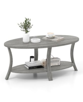 44 in Oval 2-Tier Rubber Wood Coffee Table with Open Storage Shelf