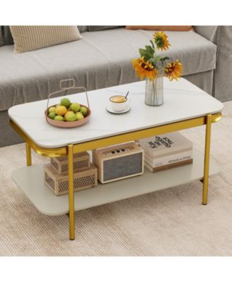 35.5 in Modern Sintered Stone 2-Tier Coffee Table with Gold Metal Frame
