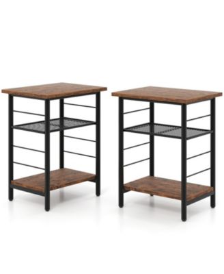 Set of 2 Industrial 3-Tier End Tables with Adjustable Mesh Shelves