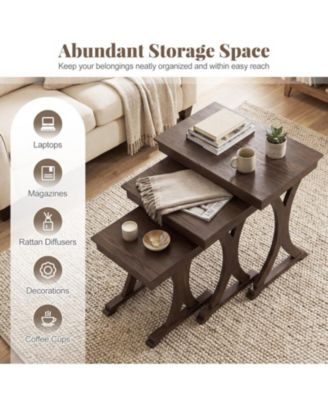 3-Piece Nesting Coffee and Side Table Set with Solid Rubber Wood Legs